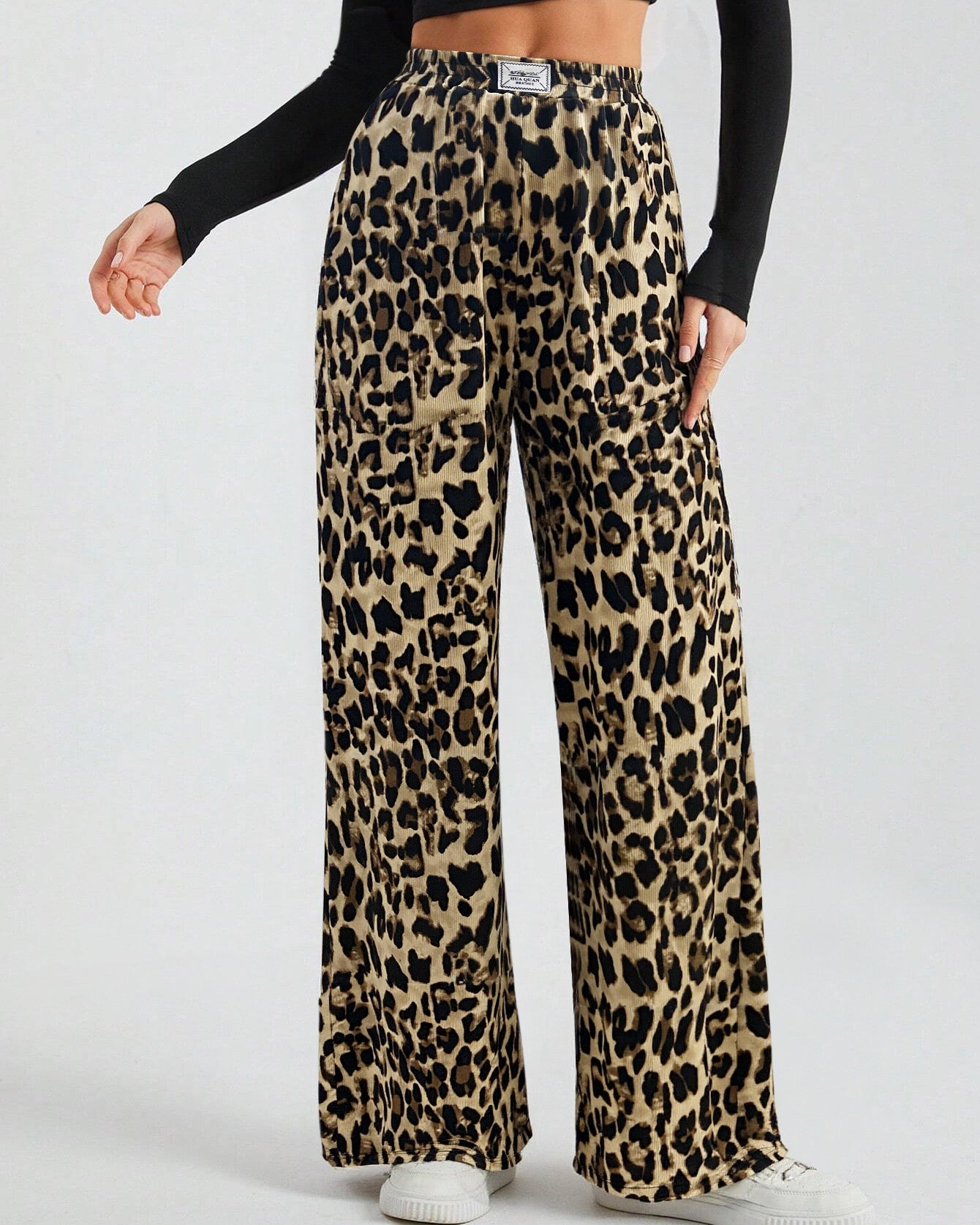 leopard print wide leg pants full body streetwear look