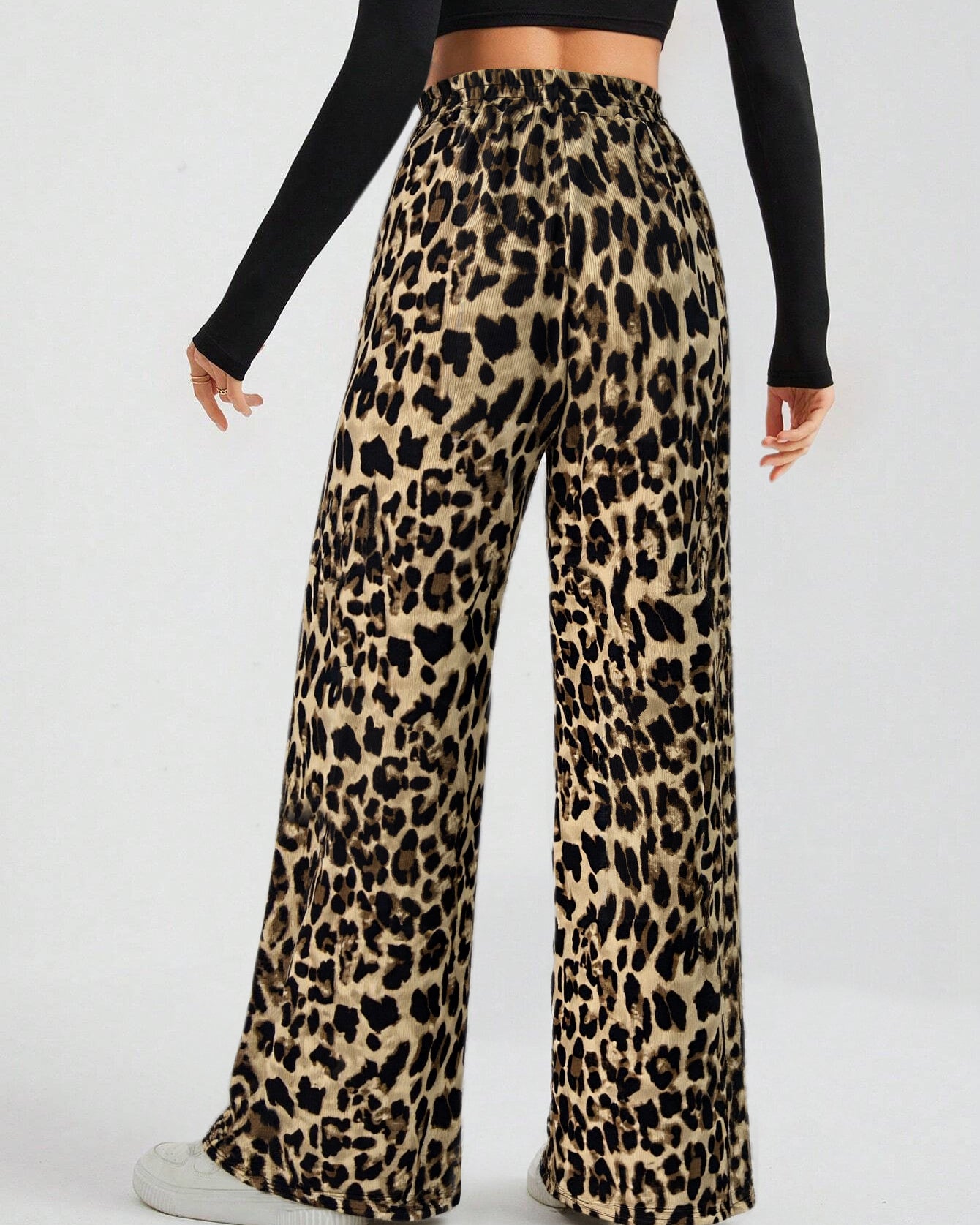 leopard wide leg pants back view high waist trousers