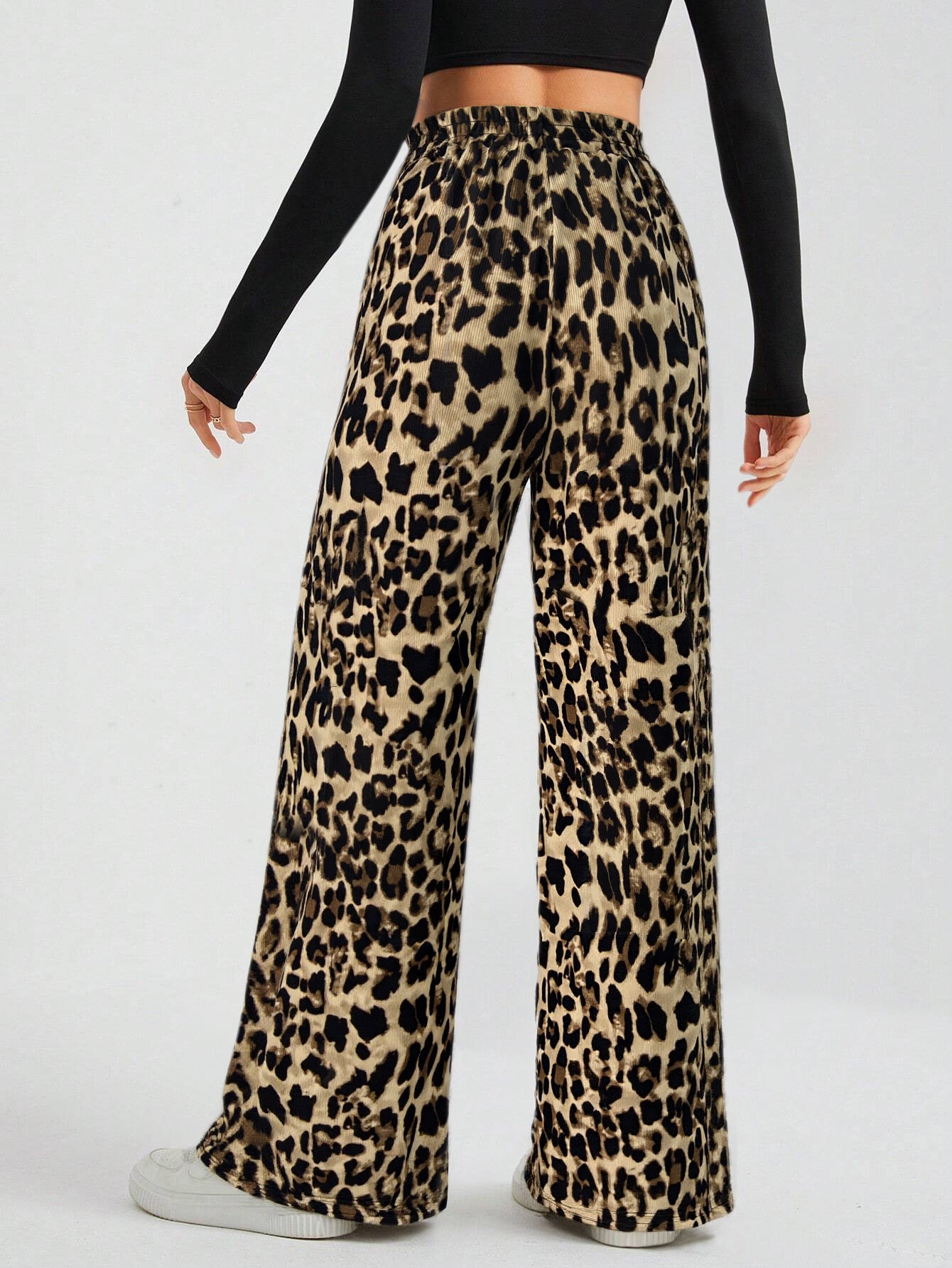 leopard wide leg pants back view high waist trousers