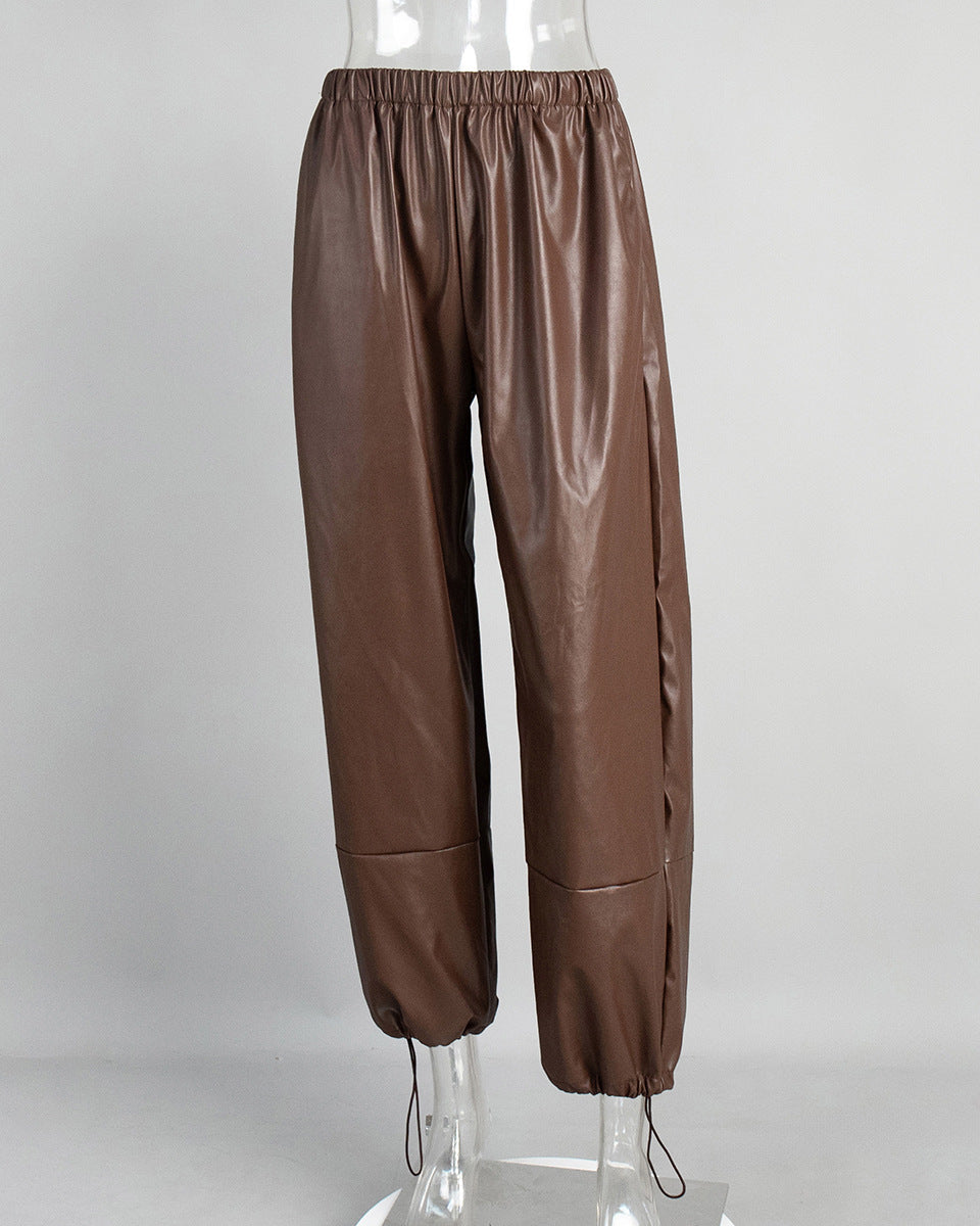 Light brown PU pants front view