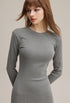 Light gray bodycon dress, crew neck and rib texture close-up, long sleeves