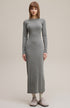 Light gray long sleeve bodycon dress for women, ribbed knit maxi, front view