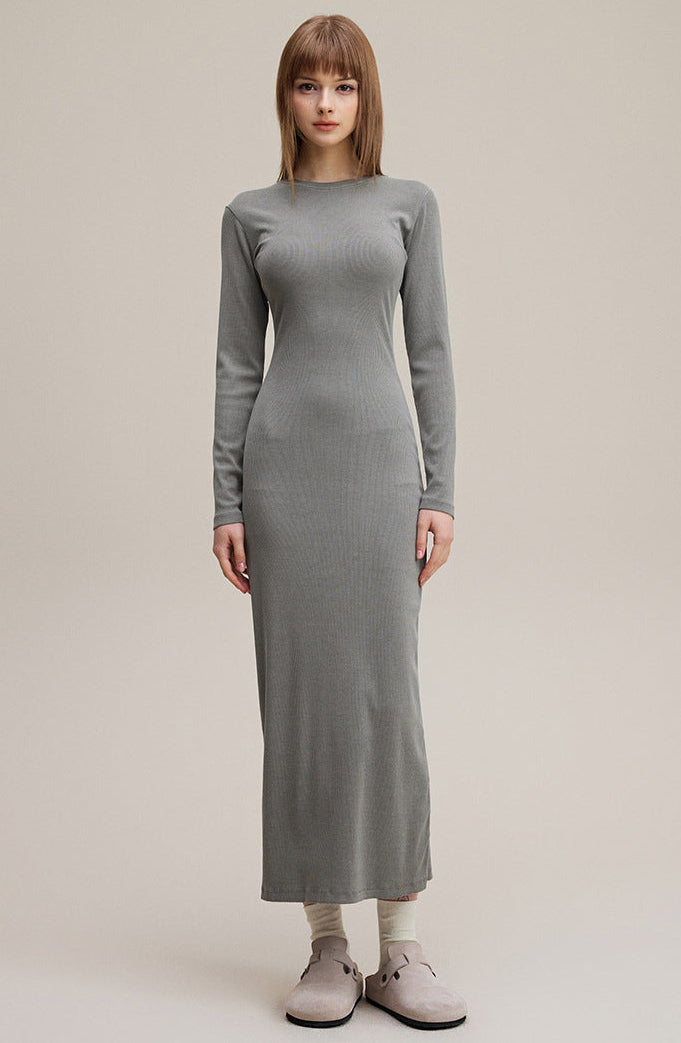 Light gray long sleeve bodycon dress for women, ribbed knit maxi, front view