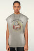 Model stands facing front in light gray tribal ram tee