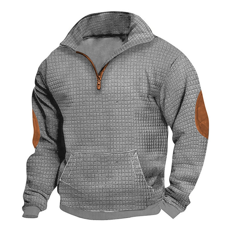 light gray sweatshirt with zip for men with jacquard fabric and patches