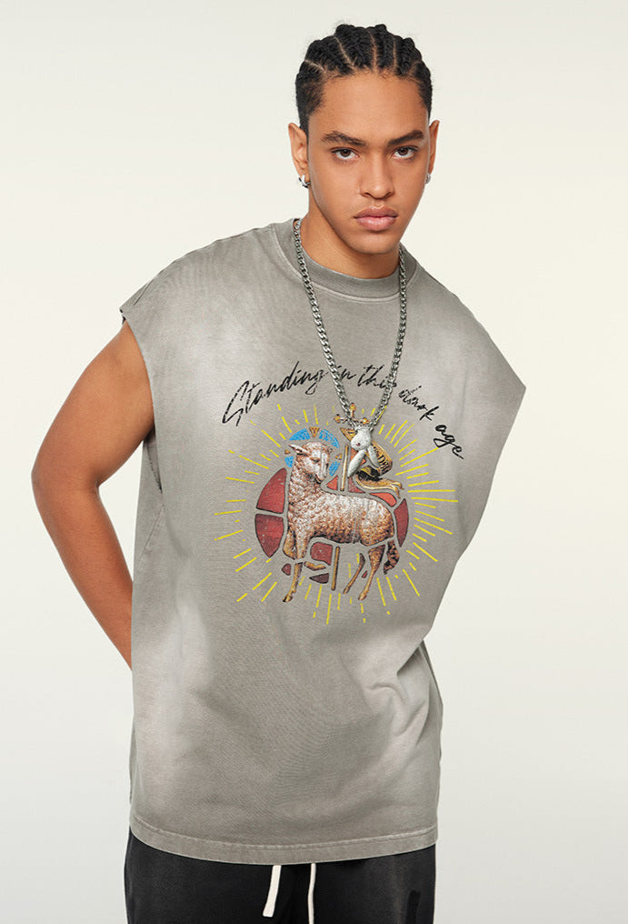Close-up of model in light gray tribal ram tank with pendant necklace