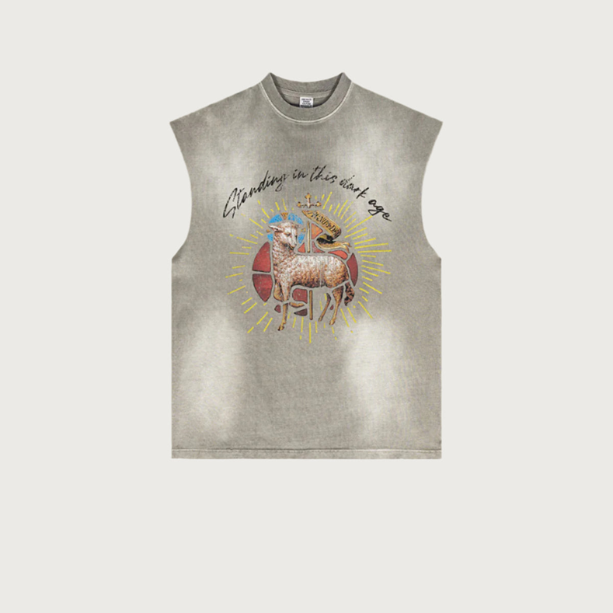 Light gray sleeveless tee with tribal ram graphic and “Standing in this dark age” text