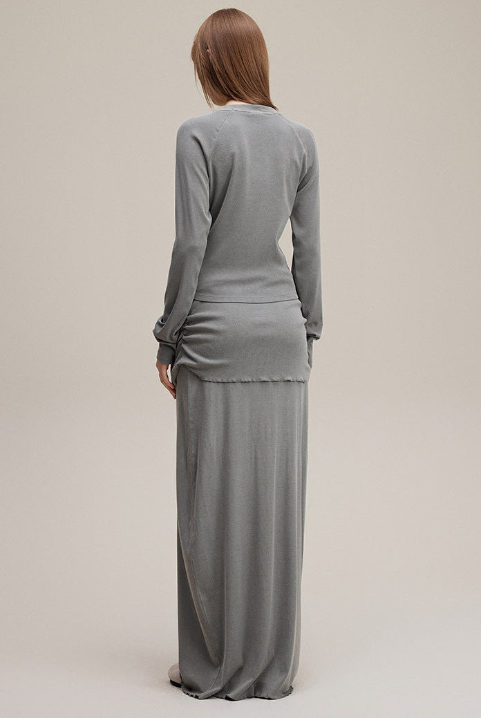 Back view of light gray women’s long sleeve tee showing smooth fit