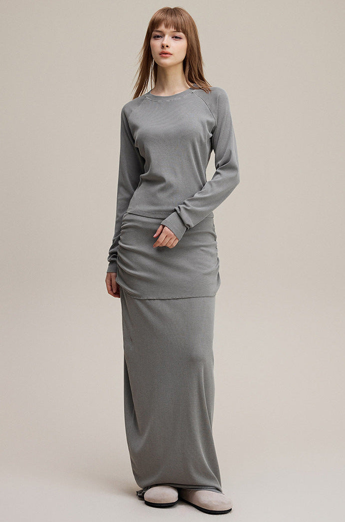 Front view of light gray women’s long sleeve tee showing smooth fit