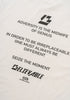 Close-up of back text print on cream tee.
