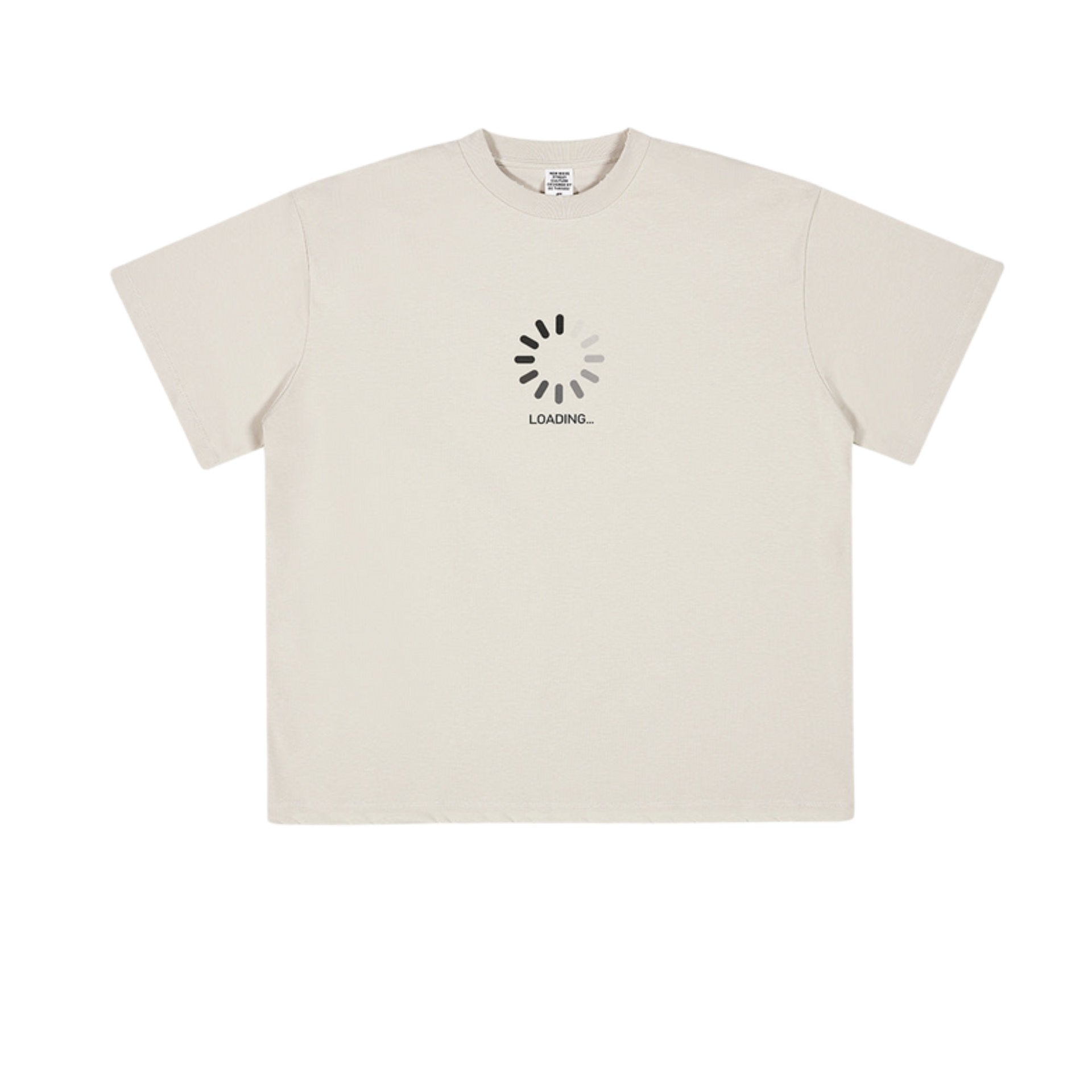 Flat-lay of cream T-shirt with black loading icon and text.