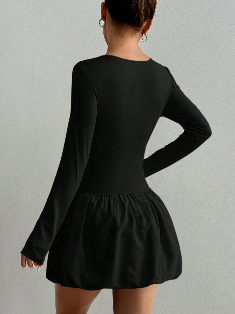 Black long sleeve mini dress women’s bubble skirt cocktail outfit back view