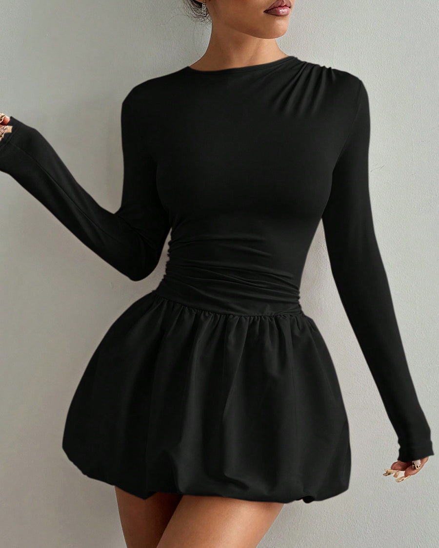 Long sleeve mini dress black women’s cocktail dress with bubble skirt front view