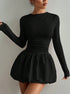 Long sleeve mini dress black women’s cocktail dress with bubble skirt front view