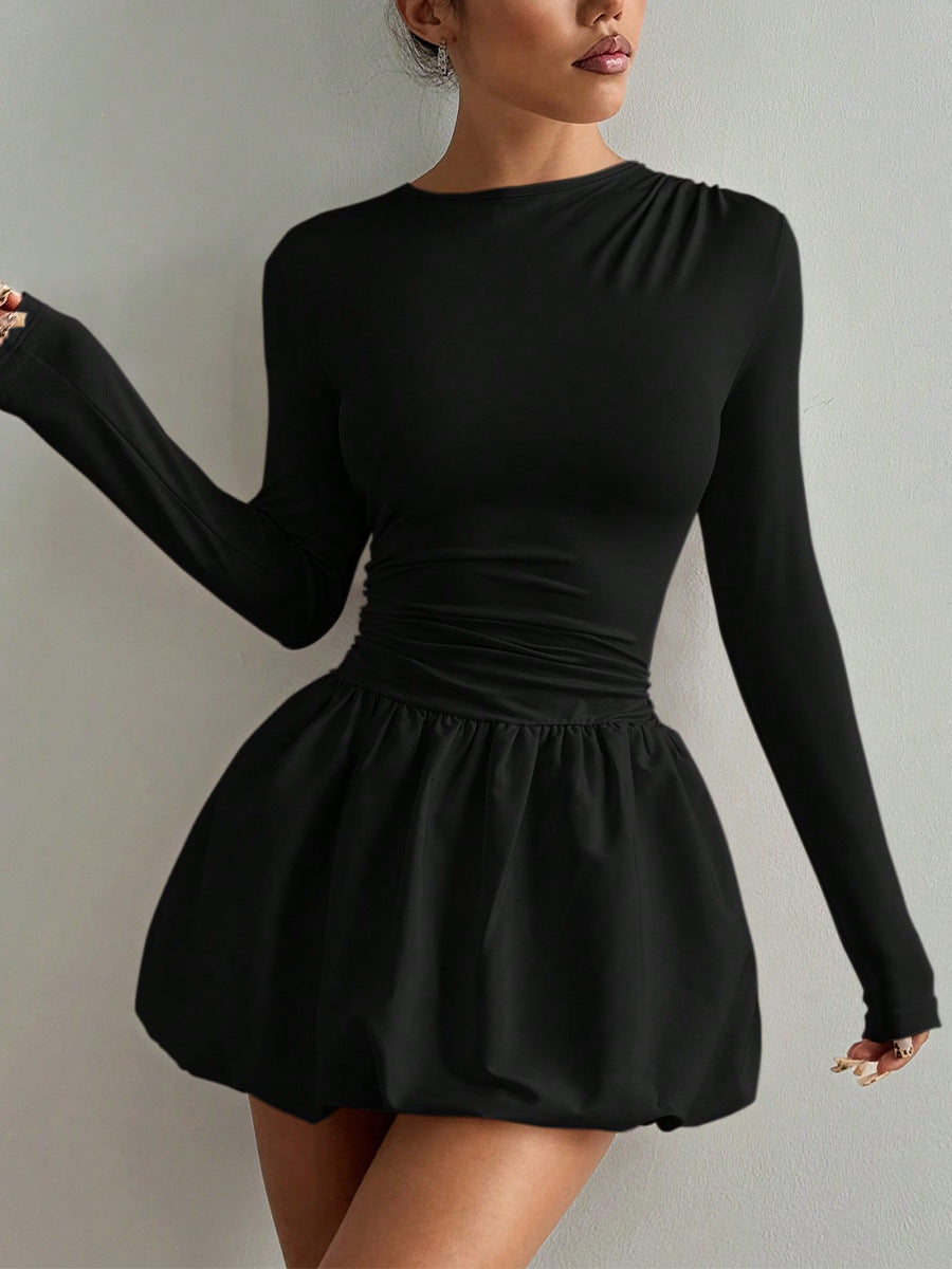 Long sleeve mini dress black women’s cocktail dress with bubble skirt front view