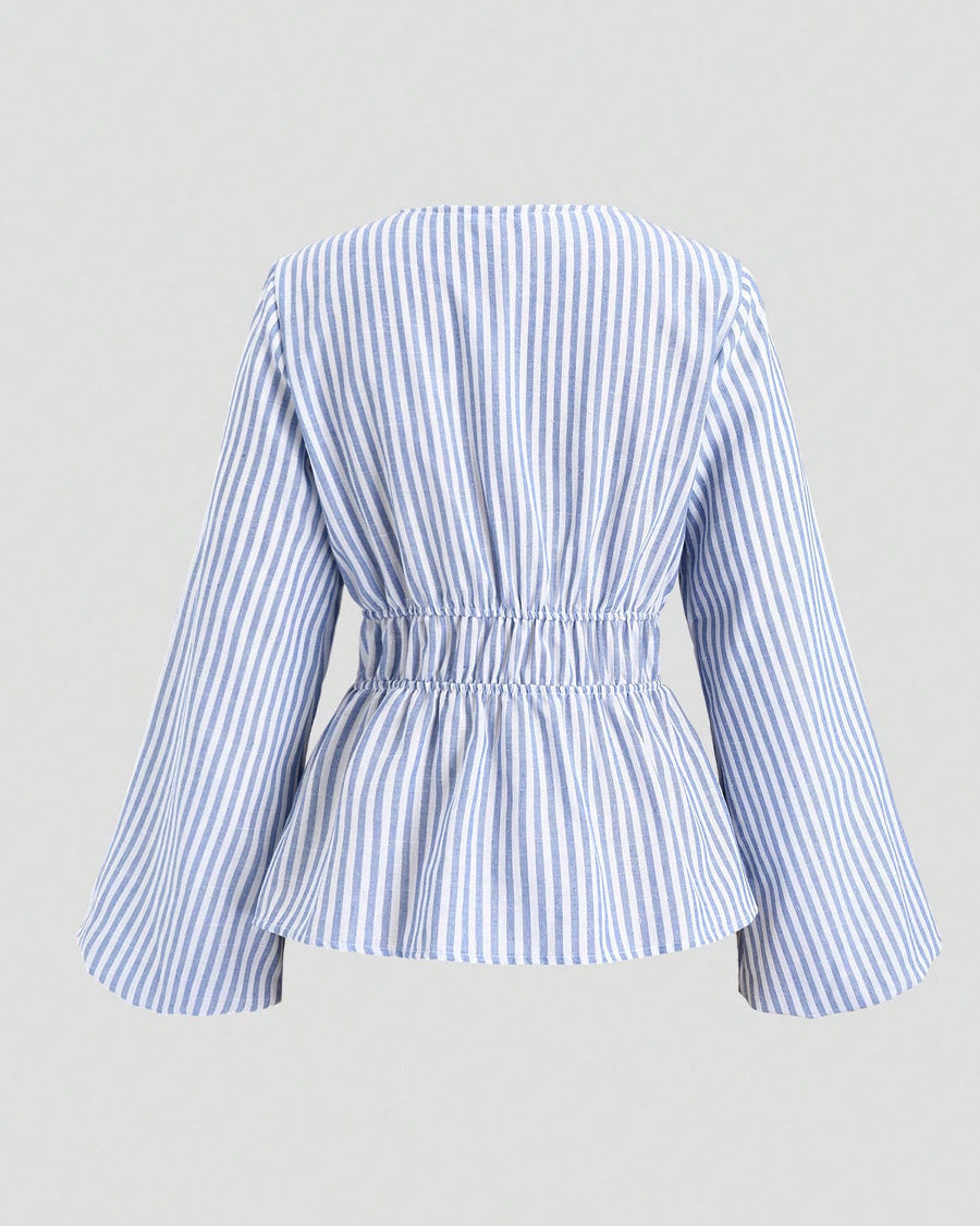 Women’s blue striped blouse with tie waist design long sleeve back view