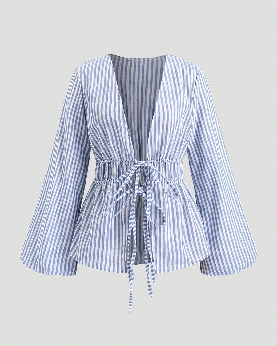 Long sleeve blouse women’s blue striped tie waist casual top front view