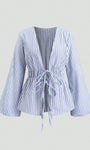 Long sleeve blouse women’s blue striped tie waist casual top front view
