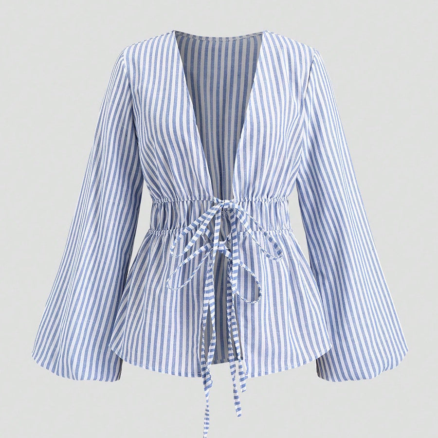 Long sleeve blouse women’s blue striped tie waist casual top front view