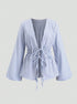 Long sleeve blouse women’s blue striped tie waist casual top front view