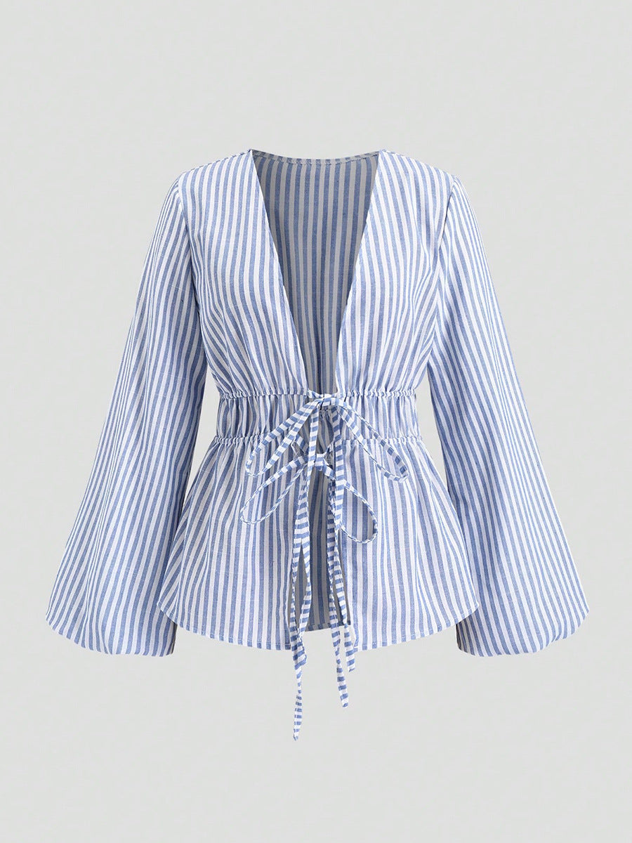 Long sleeve blouse women’s blue striped tie waist casual top front view