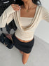 close-up neckline, long sleeve crop top, light almond, draped cowl over square neck, ruched bodice
