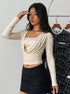 three-quarter front, long sleeve crop top, light almond, draped cowl square neck, slim ruched waist
