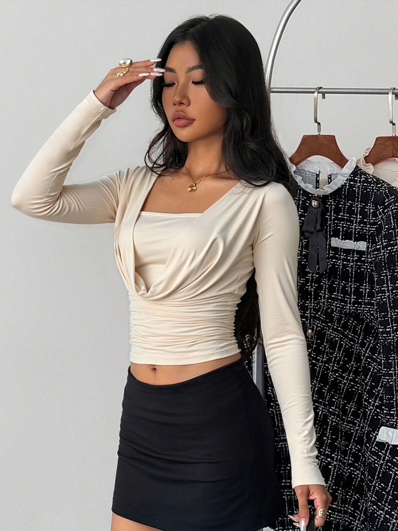three-quarter front, long sleeve crop top, light almond, draped cowl square neck, slim ruched waist