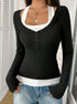 angled front, layered black top with white faux halter and buttons, long sleeves, slim fit