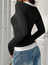 back view layered long sleeve top, contrast black-white hem, slim fit knit