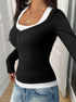 long sleeve layered top, contrast black-white, faux halter neckline, button placket, slim fit front-side view