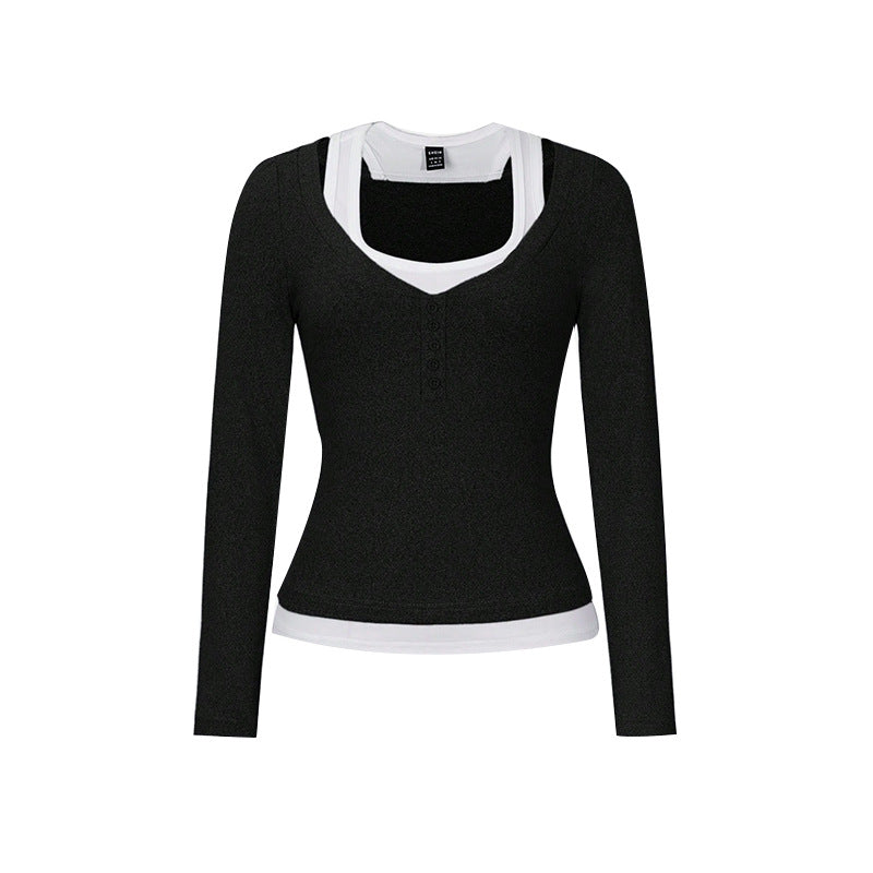 flat lay, long sleeve layered top, contrast black-white, faux halter insert and button detail