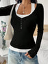 long sleeve layered top front view, faux halter inner layer and button placket, casual styling with jeans