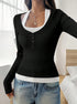 three-quarter view layered top, contrast black-white, faux halter neckline, slim fit