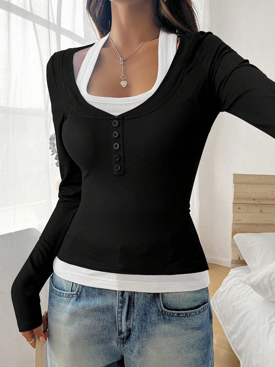 three-quarter view layered top, contrast black-white, faux halter neckline, slim fit