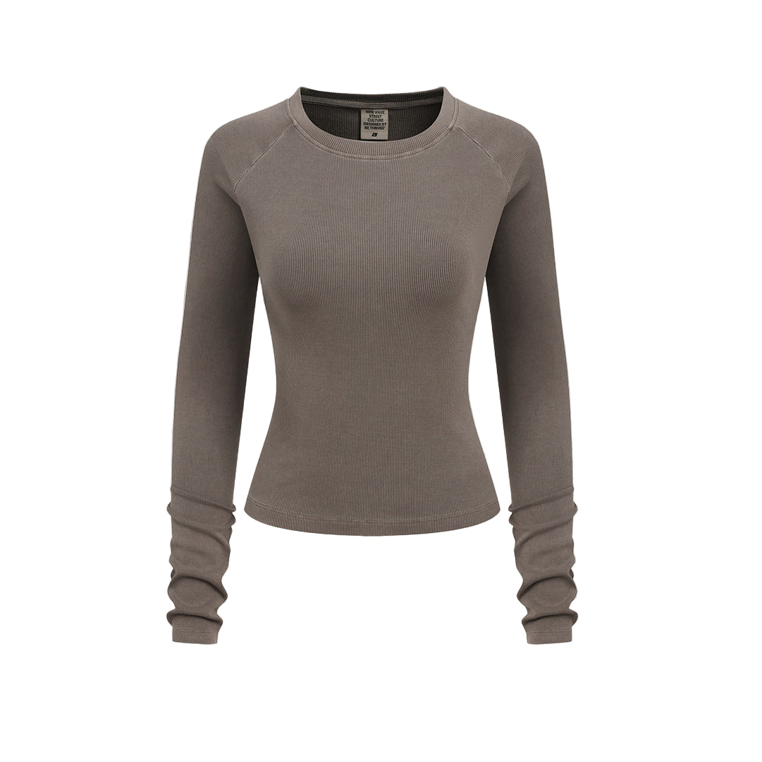 Women’s long sleeve tee solid color raglan crewneck in coffee color