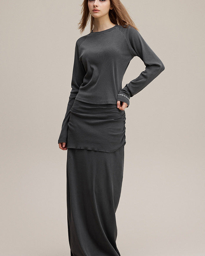 Women’s long sleeve tee solid color raglan crewneck full body front (dark gray)