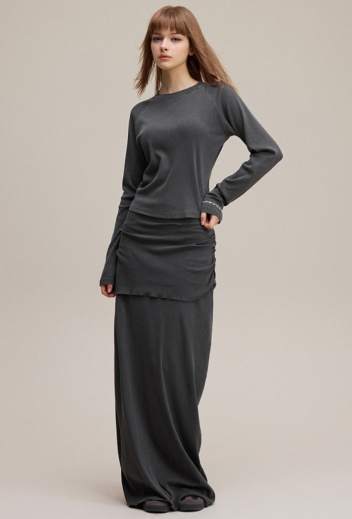 Women’s long sleeve tee solid color raglan crewneck full body front (dark gray)