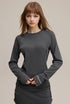 Women’s long sleeve tee solid color raglan crewneck mid shot front (dark gray)