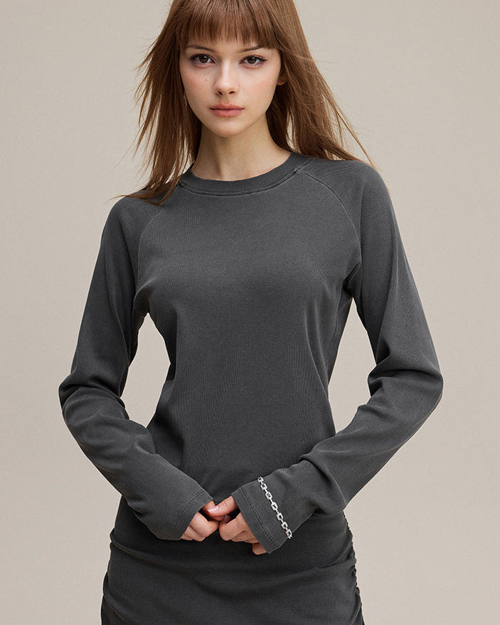 Women’s long sleeve tee solid color raglan crewneck mid shot front (dark gray)