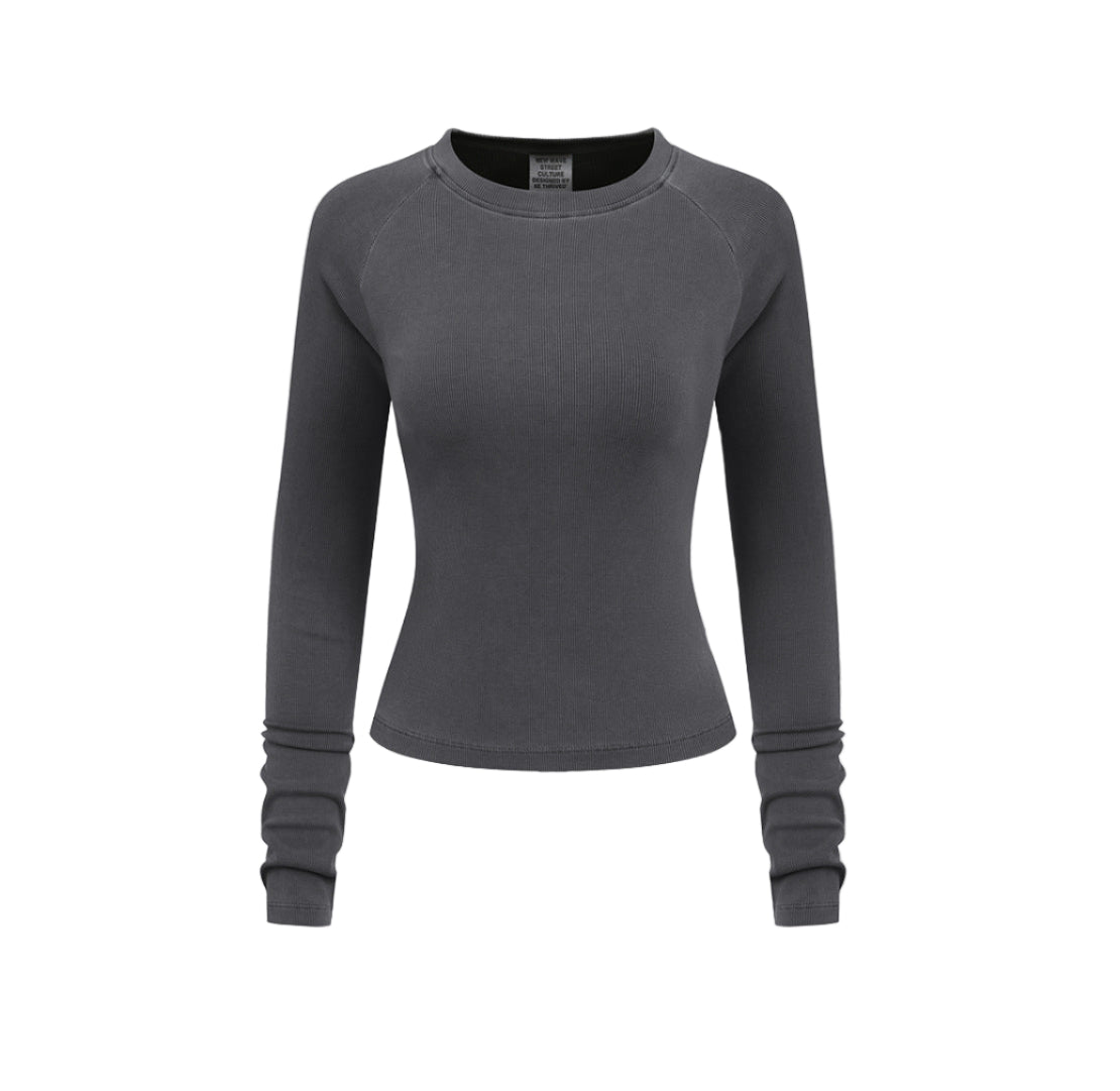 Women’s long sleeve tee solid color raglan crewneck in dark gray