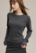 Women’s long sleeve tee solid color raglan crewneck three-quarter view (dark gray)