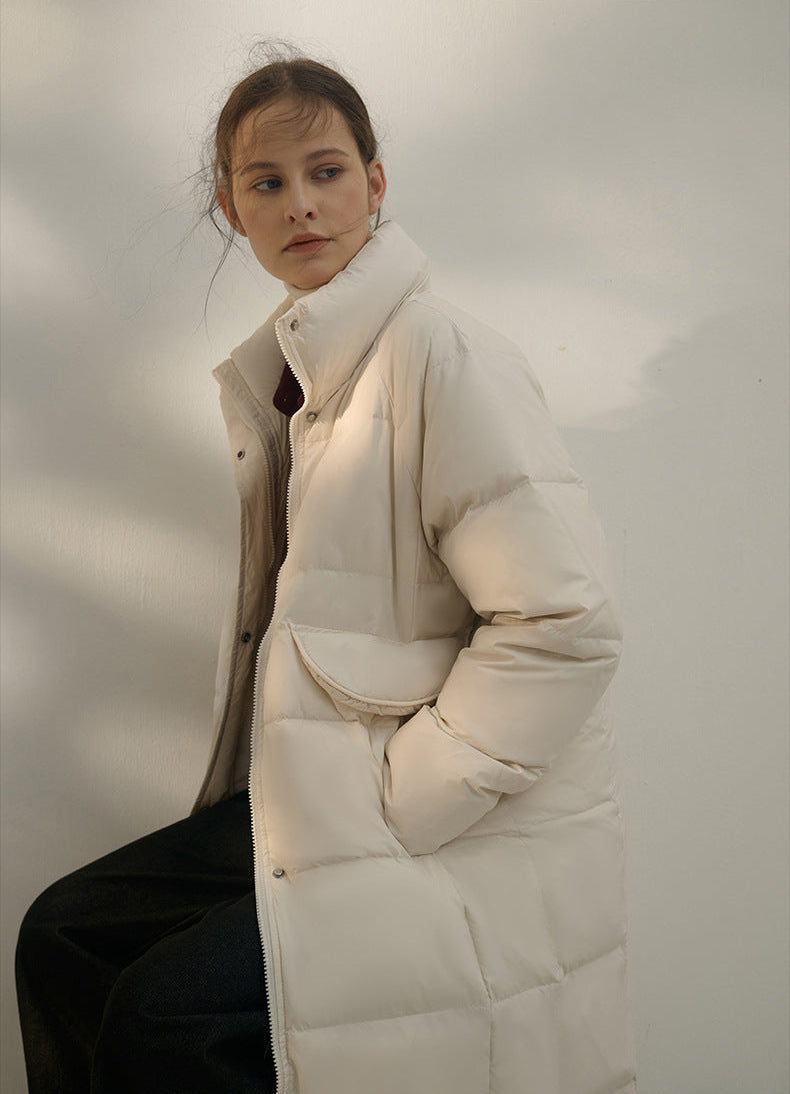 Long over-knee white down coat with snap button closure