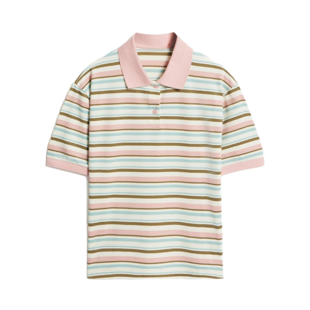 Flat lay of pastel pink striped polo shirt with pink collar and cuffs on white background.