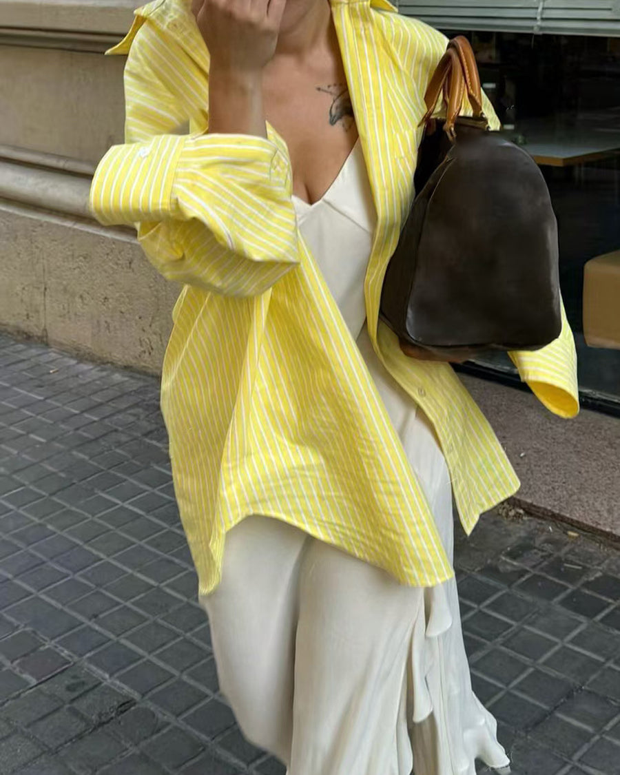 Loose fit yellow striped shirt for women oversized button down