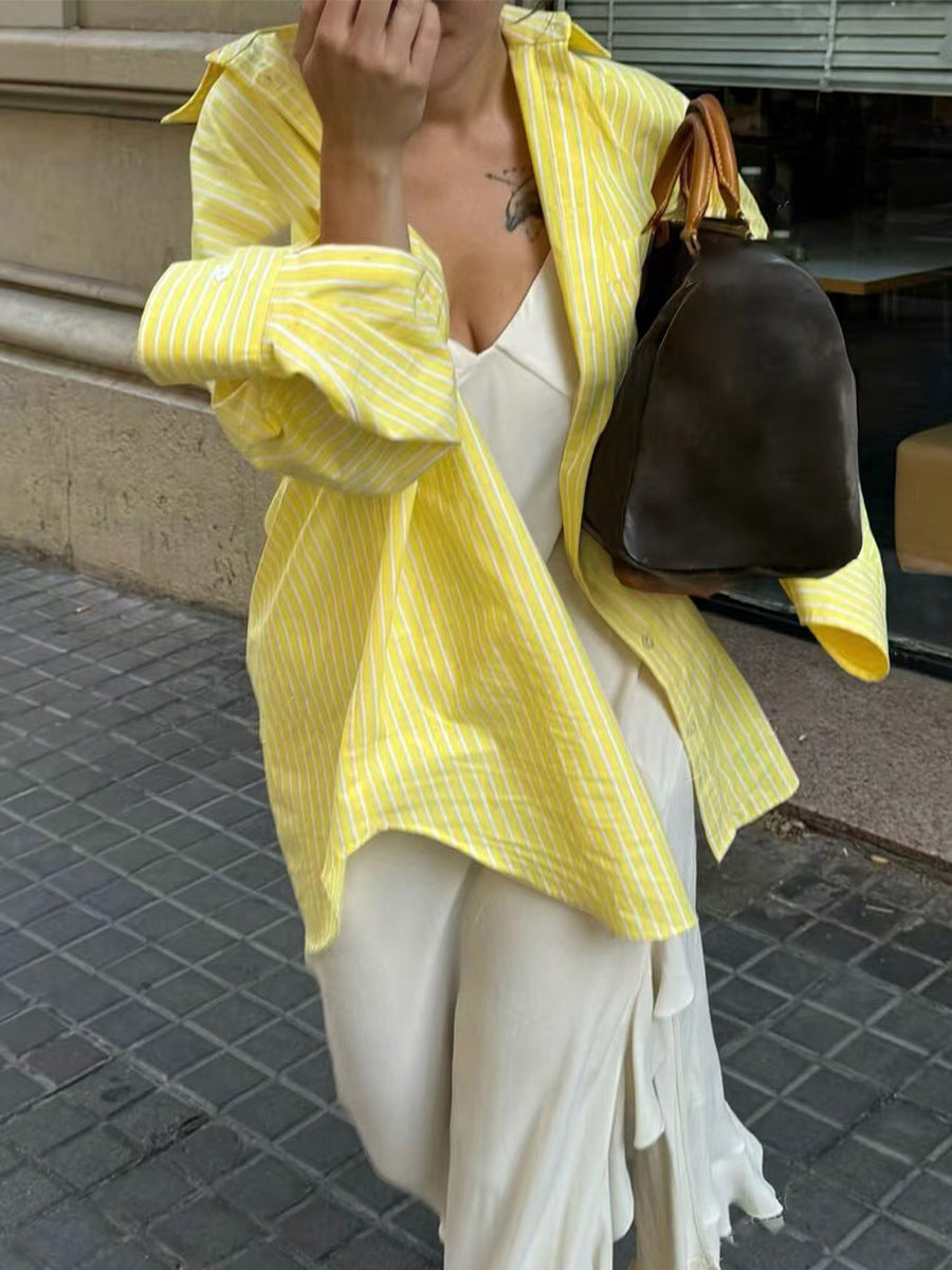 Loose fit yellow striped shirt for women oversized button down