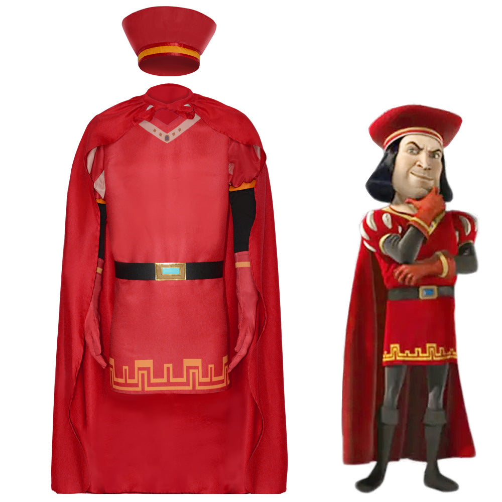 Lord Farquaad cosplay costume Shrek 4D red outfit with cape hat and belt front view