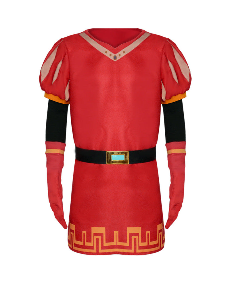 Lord Farquaad cosplay costume red tunic outfit with black belt and gold trim front view