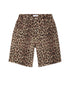 Flat lay of khaki leopard print cotton shorts with front pockets and button closure.