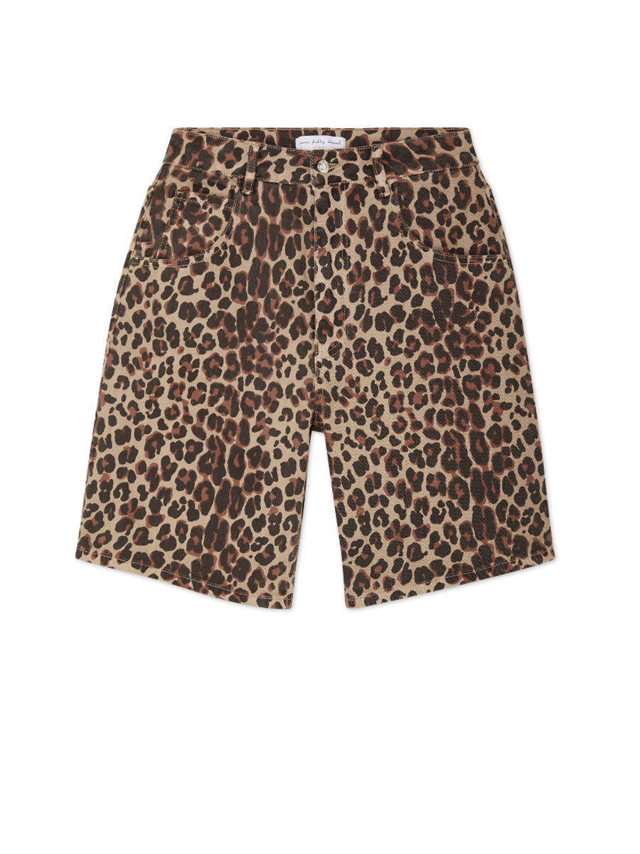 Flat lay of khaki leopard print cotton shorts with front pockets and button closure.